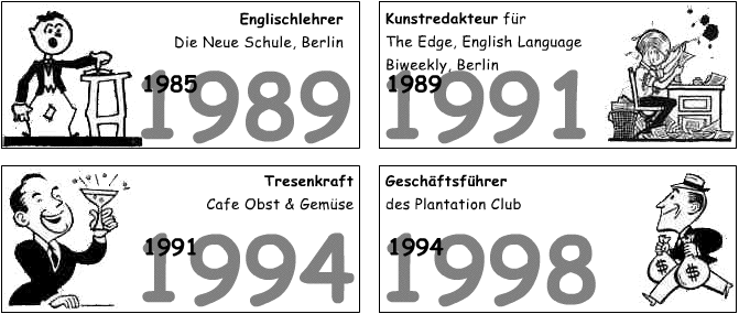 1985-1989 Englisch Lehrer, die Neue Schule, Berlin; 1989-1991 Kunstredakteur für The Edge, ein englisches Wochenblatt, Berlin; 1991-94 Tresenkraft im Cafe Obst und Gemüse; 1994-1998 Geschäftsführer des Plantation Club.